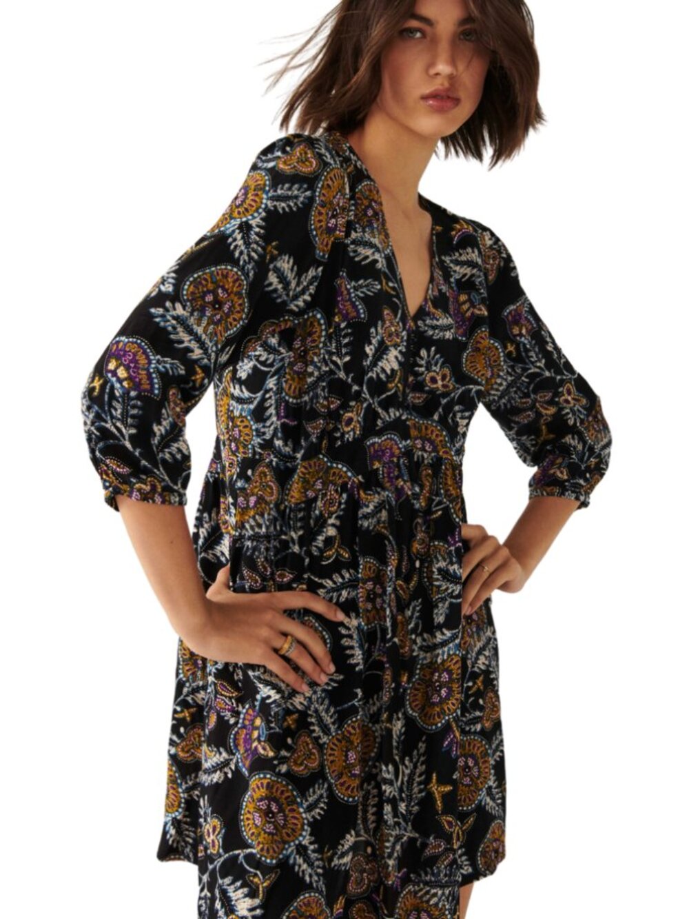 ba&sh Volver Paisley Mini Dress Noir Boho French Girl V-Neck Flowy Size 1